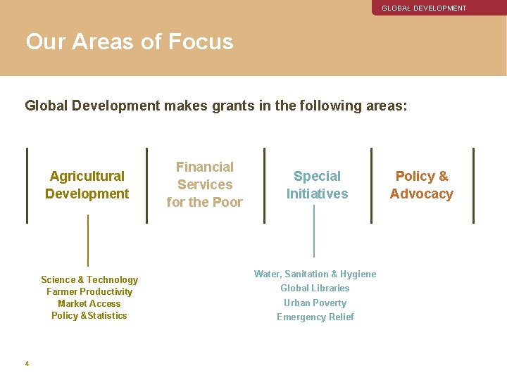 GLOBAL DEVELOPMENT Our Areas of Focus Global Development makes grants in the following areas: