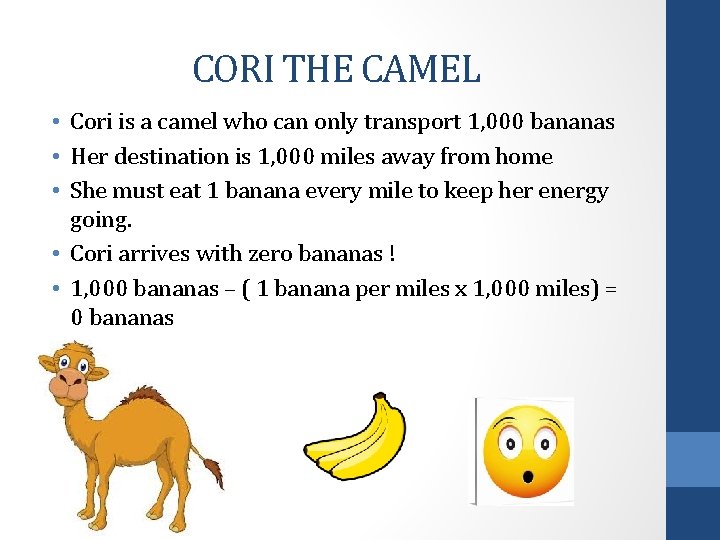 CORI THE CAMEL • Cori is a camel who can only transport 1, 000
