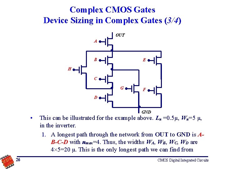 Complex CMOS Gates Device Sizing in Complex Gates (3/4) OUT A B E H