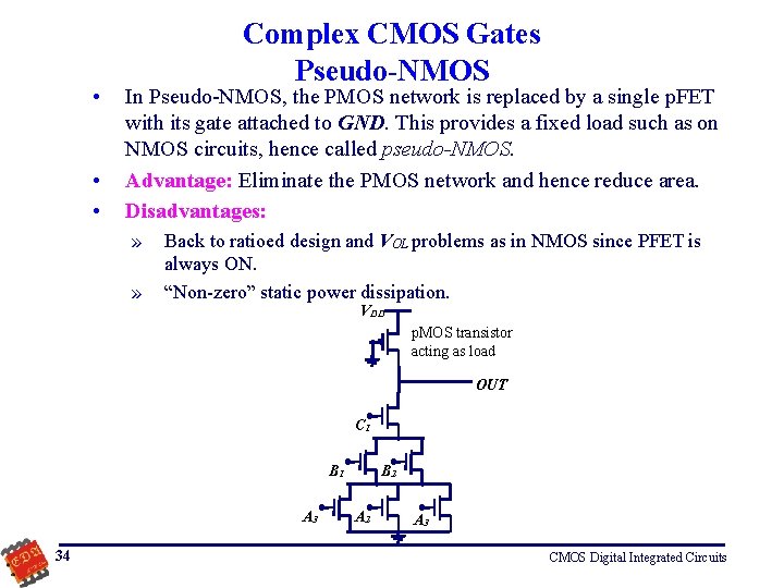  • • • Complex CMOS Gates Pseudo-NMOS In Pseudo-NMOS, the PMOS network is