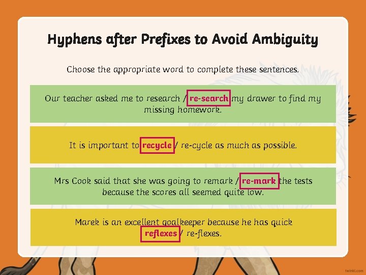 Hyphens after Prefixes to Avoid Ambiguity Choose the appropriate word to complete these sentences.