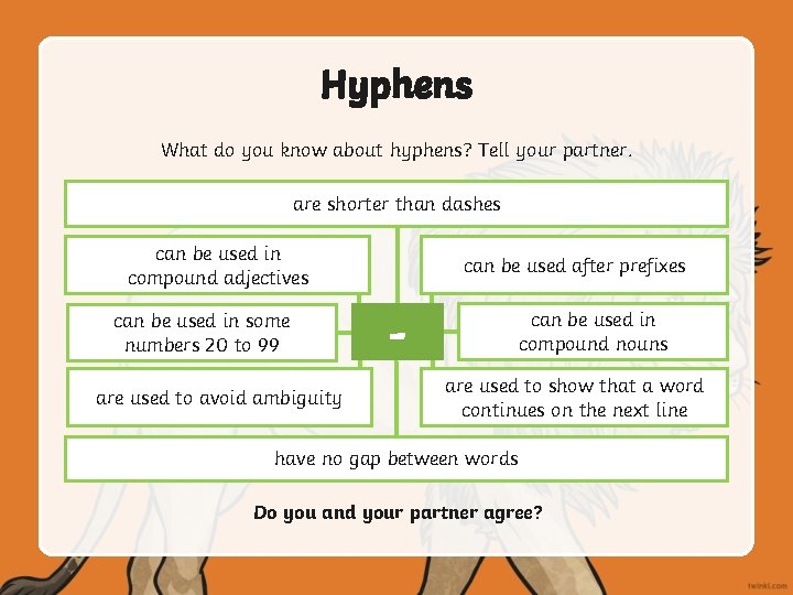 Hyphens What do you know about hyphens? Tell your partner. are shorter than dashes