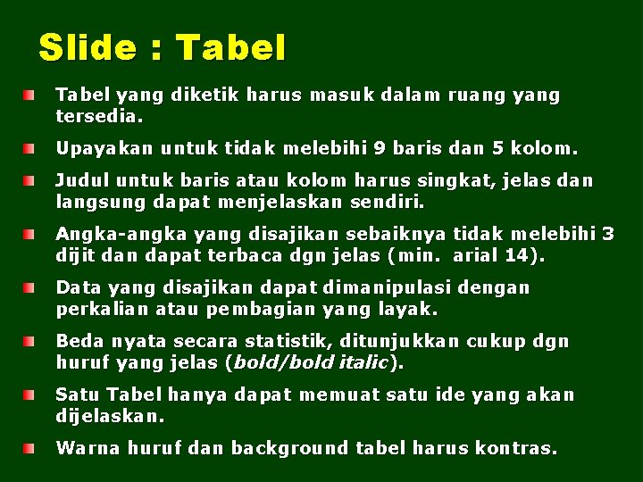 Slide : Tabel yang diketik harus masuk dalam ruang yang tersedia. Upayakan untuk tidak