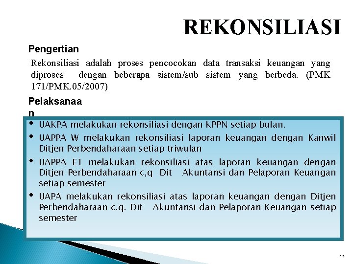 REKONSILIASI Pengertian Rekonsiliasi adalah proses pencocokan data transaksi keuangan yang diproses dengan beberapa sistem/sub