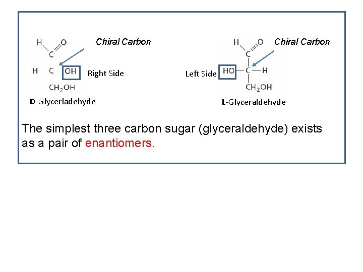 Chiral Carbon Right Side D-Glycerladehyde Chiral Carbon Left Side L-Glyceraldehyde The simplest three carbon