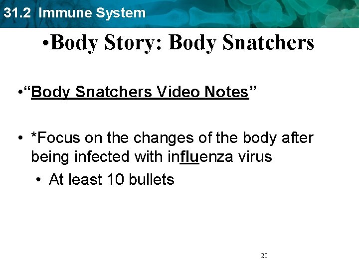 31. 2 Immune System • Body Story: Body Snatchers • “Body Snatchers Video Notes”