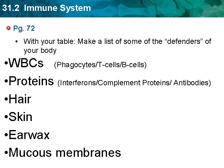 31. 2 Immune System Pg. 72 • With your table: Make a list of