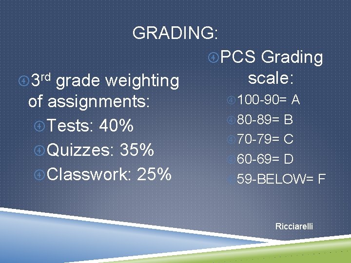 GRADING: PCS Grading 3 rd grade weighting of assignments: Tests: 40% Quizzes: 35% Classwork: