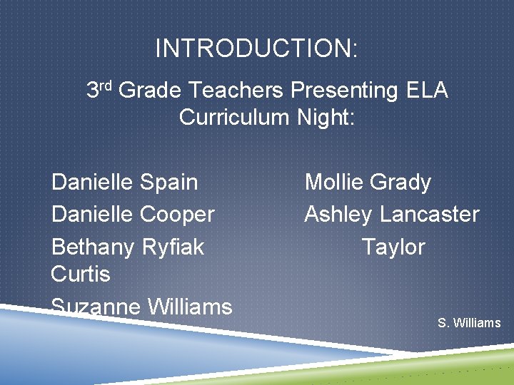 INTRODUCTION: 3 rd Grade Teachers Presenting ELA Curriculum Night: Danielle Spain Danielle Cooper Bethany