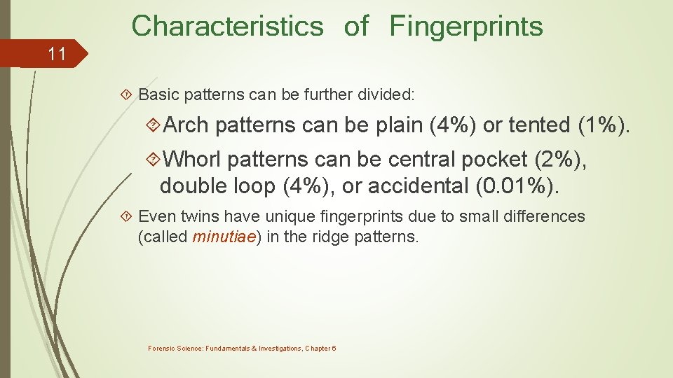 11 Characteristics of Fingerprints Basic patterns can be further divided: Arch patterns can be