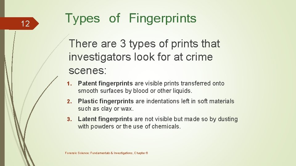 12 Types of Fingerprints There are 3 types of prints that investigators look for