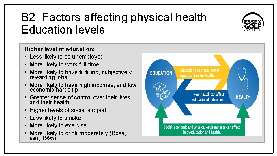 B 2 - Factors affecting physical health. Education levels Higher level of education: •