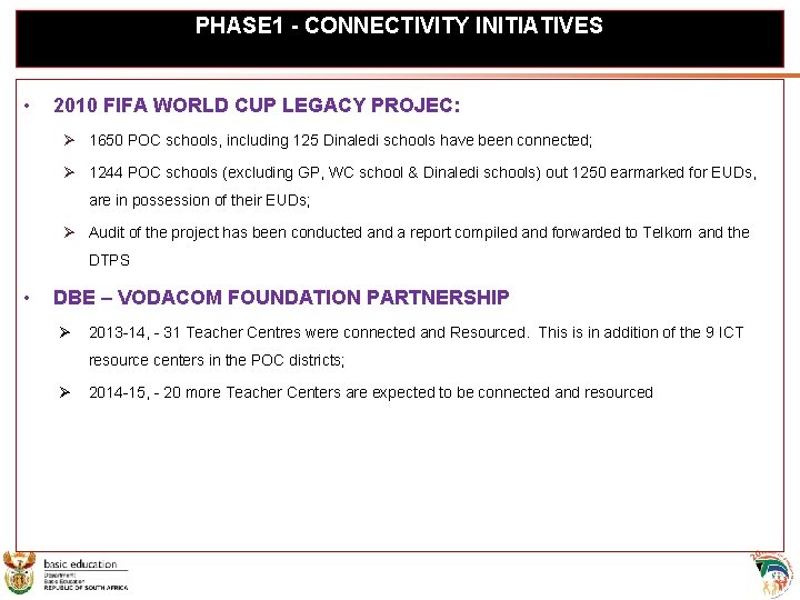 PHASE 1 - CONNECTIVITY INITIATIVES • 2010 FIFA WORLD CUP LEGACY PROJEC: Ø 1650