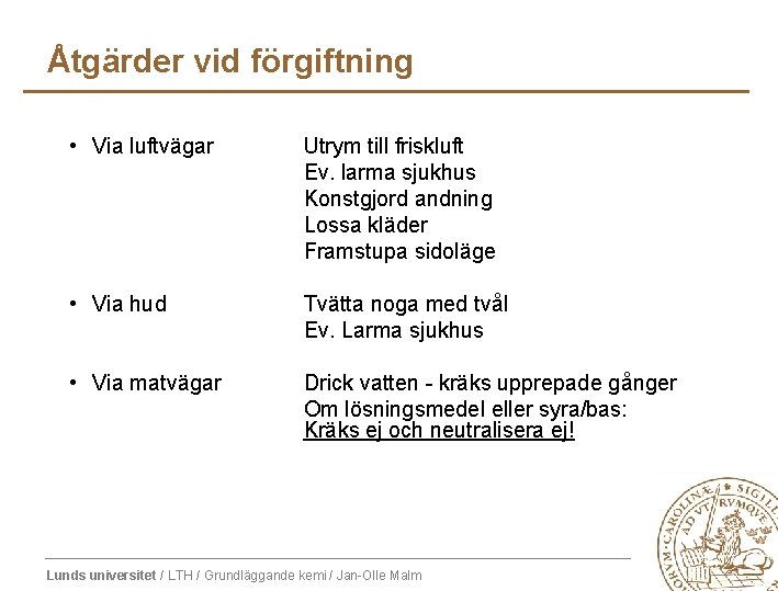 Åtgärder vid förgiftning • Via luftvägar Utrym till friskluft Ev. larma sjukhus Konstgjord andning