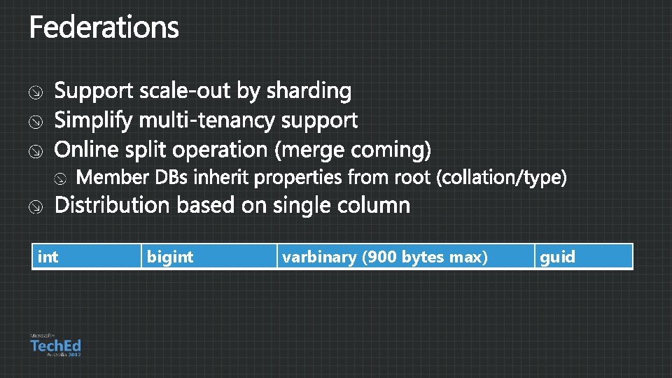 int bigint varbinary (900 bytes max) guid 