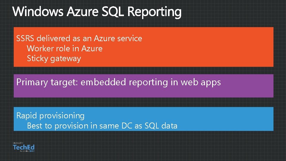 SSRS delivered as an Azure service Worker role in Azure Sticky gateway Primary target: