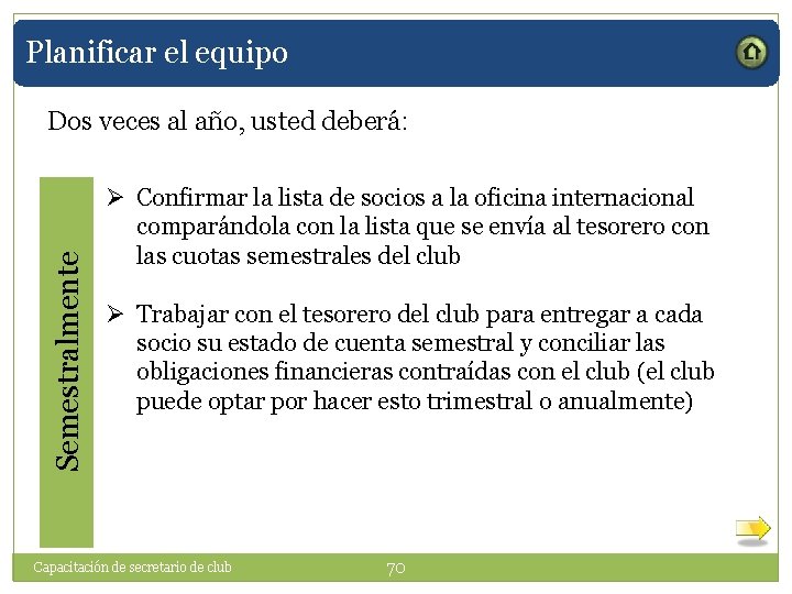 Planificar el equipo Semestralmente Dos veces al año, usted deberá: Ø Confirmar la lista