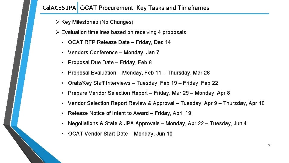 Cal. ACES JPA OCAT Procurement: Key Tasks and Timeframes Ø Key Milestones (No Changes)