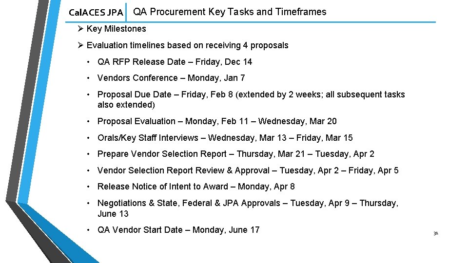 Cal. ACES JPA QA Procurement Key Tasks and Timeframes Ø Key Milestones Ø Evaluation