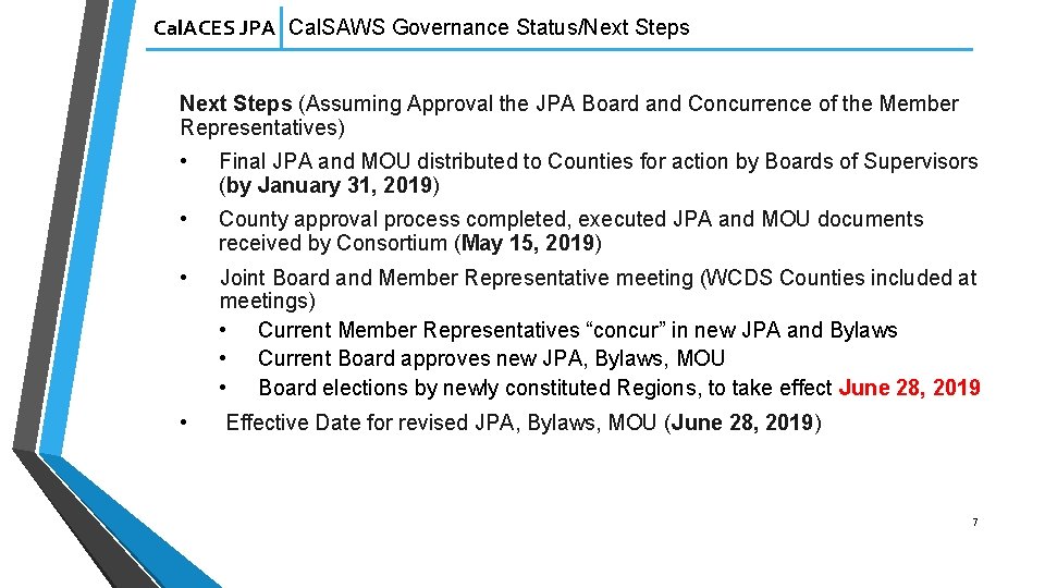 Cal. ACES JPA Cal. SAWS Governance Status/Next Steps (Assuming Approval the JPA Board and