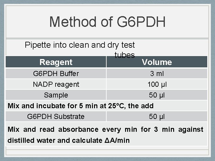 Method of G 6 PDH Pipette into clean and dry test tubes Reagent Volume