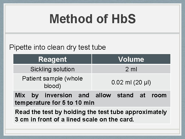 Method of Hb. S Pipette into clean dry test tube Reagent Volume Sickling solution