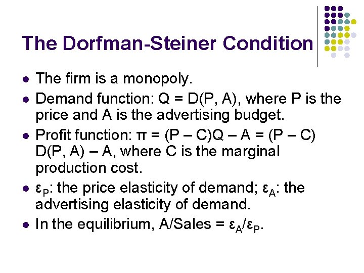 The Dorfman-Steiner Condition l l l The firm is a monopoly. Demand function: Q