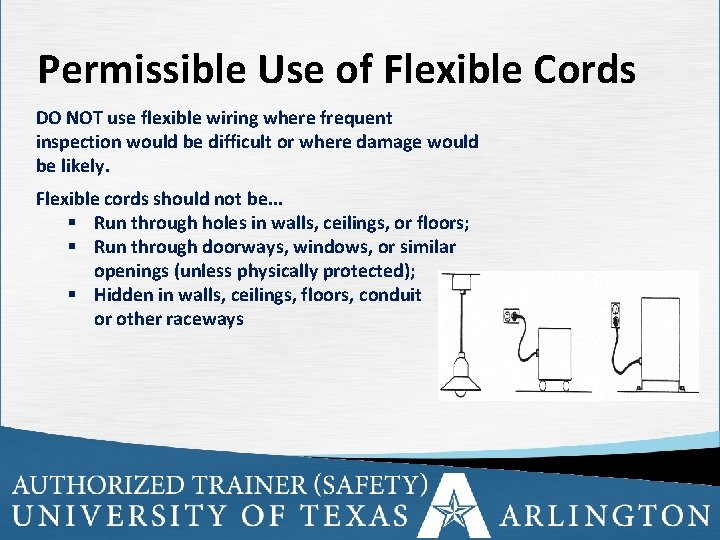 Permissible Use of Flexible Cords DO NOT use flexible wiring where frequent inspection would