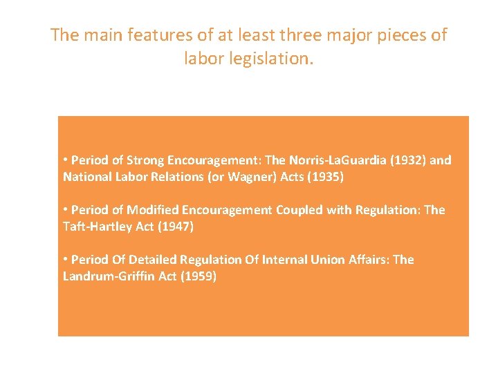 The main features of at least three major pieces of labor legislation. • Period