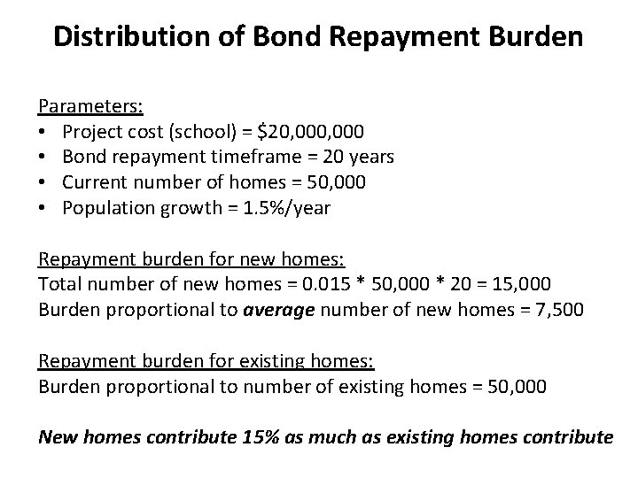 Distribution of Bond Repayment Burden Parameters: • Project cost (school) = $20, 000 •