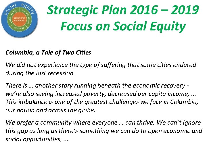 Strategic Plan 2016 – 2019 Focus on Social Equity Columbia, a Tale of Two