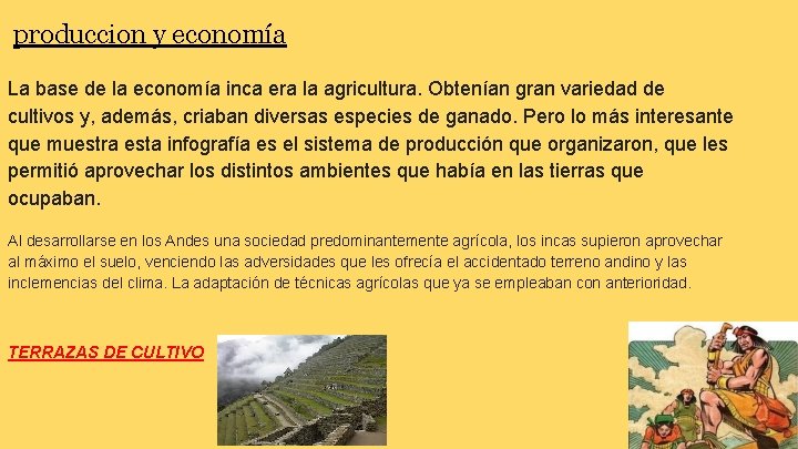 produccion y economía La base de la economía inca era la agricultura. Obtenían gran