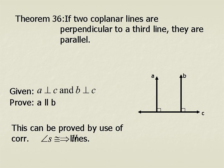 Theorem 36: If two coplanar lines are perpendicular to a third line, they are