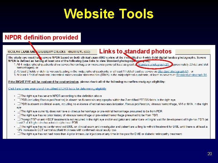 Website Tools NPDR definition provided Links to standard photos 20 