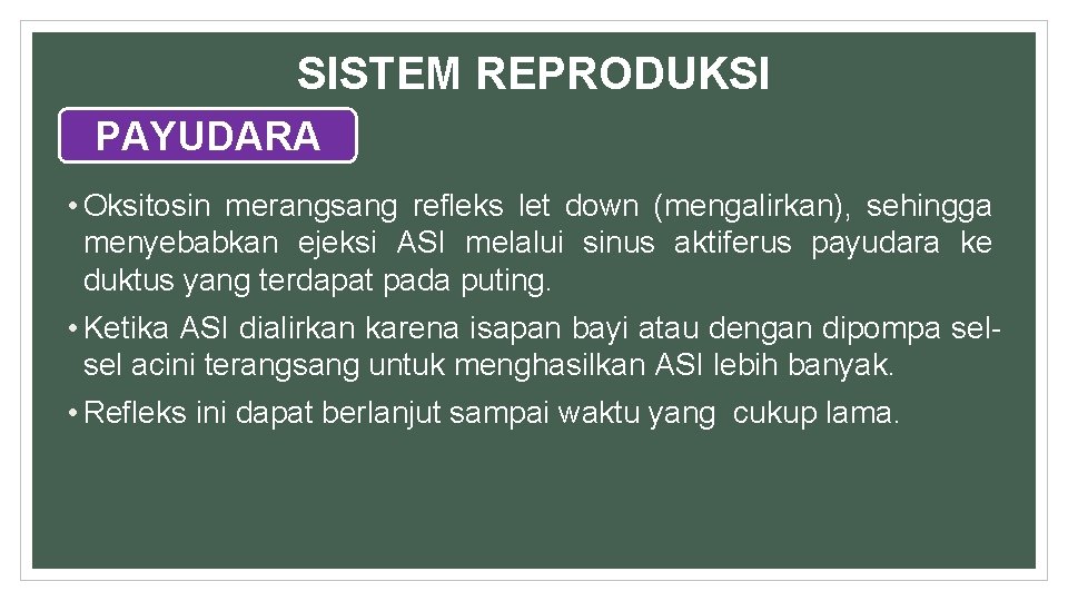 SISTEM REPRODUKSI PAYUDARA • Oksitosin merangsang refleks let down (mengalirkan), sehingga menyebabkan ejeksi ASI