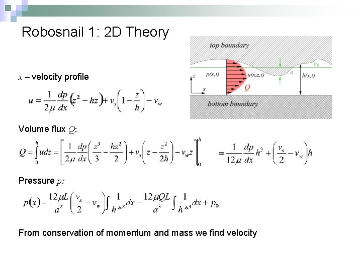 Robosnail 1: 2 D Theory x – velocity profile Volume flux Q: Pressure p: