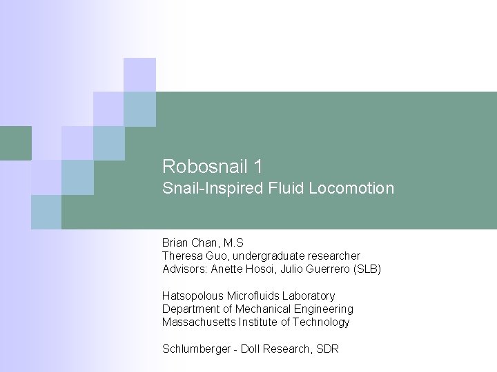 Robosnail 1 Snail-Inspired Fluid Locomotion Brian Chan, M. S Theresa Guo, undergraduate researcher Advisors: