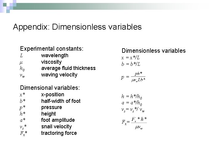 Appendix: Dimensionless variables Experimental constants: L μ h 0 vw wavelength viscosity average fluid