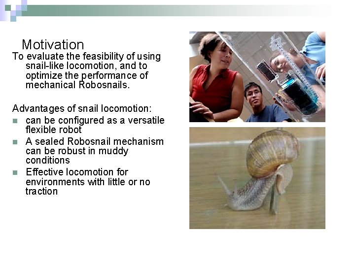 Motivation To evaluate the feasibility of using snail-like locomotion, and to optimize the performance
