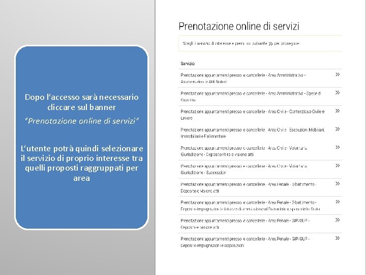 Dopo l’accesso sarà necessario cliccare sul banner “Prenotazione online di servizi” L’utente potrà quindi