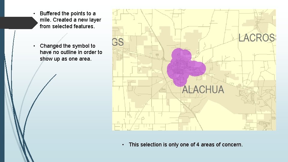  • Buffered the points to a mile. Created a new layer from selected