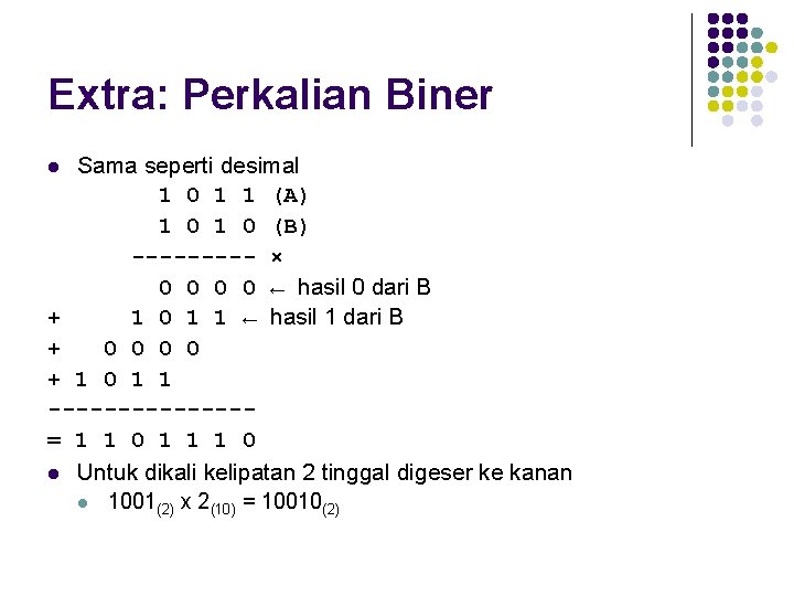 Extra: Perkalian Biner Sama seperti desimal 1 0 1 1 (A) 1 0 (B)