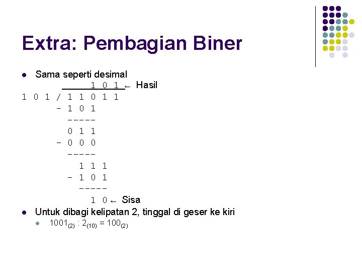 Extra: Pembagian Biner Sama seperti desimal 1 0 1 ← Hasil 1 0 1