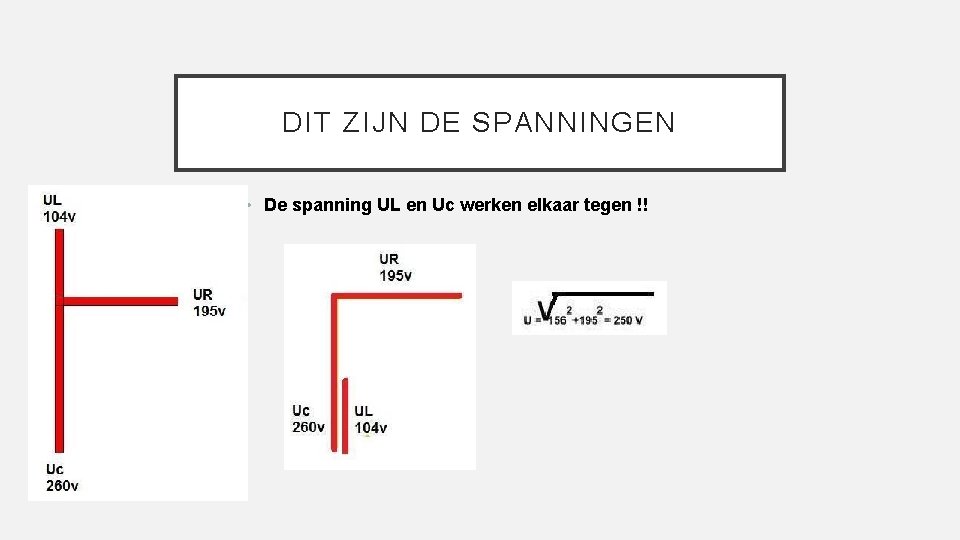 DIT ZIJN DE SPANNINGEN • De spanning UL en Uc werken elkaar tegen !!