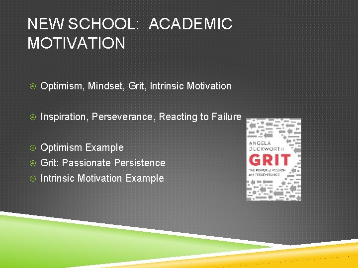 NEW SCHOOL: ACADEMIC MOTIVATION Optimism, Mindset, Grit, Intrinsic Motivation Inspiration, Perseverance, Reacting to Failure