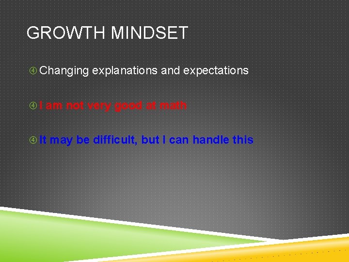 GROWTH MINDSET Changing explanations and expectations I am not very good at math It
