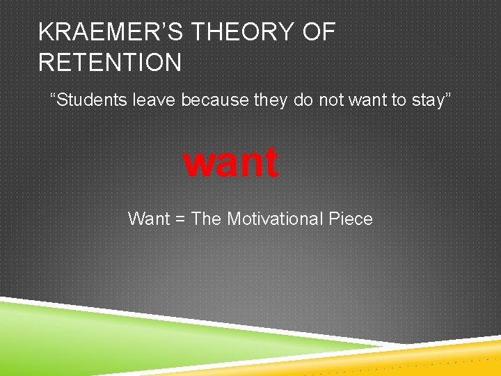 KRAEMER’S THEORY OF RETENTION “Students leave because they do not want to stay” want