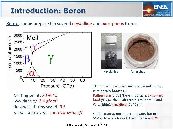 Introduction: Boron can be prepared in several crystalline and amorphous forms. Crystalline Melting point:
