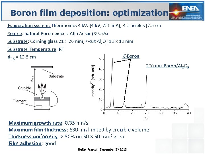 Boron film deposition: optimization Evaporation system: Thermionics 3 k. W (4 k. V, 750