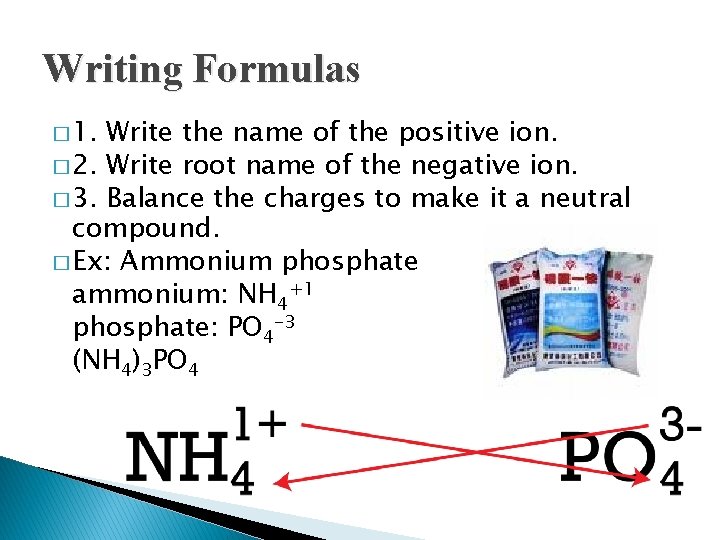 Writing Formulas � 1. Write the name of the positive ion. � 2. Write